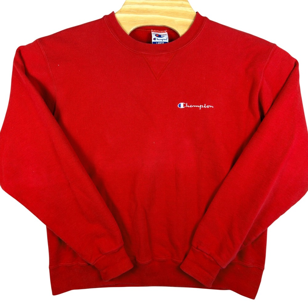 VTG Y2K Champion Mens Large Sweatshirt Crew Embroidered Logo Pullover Red Gym‎